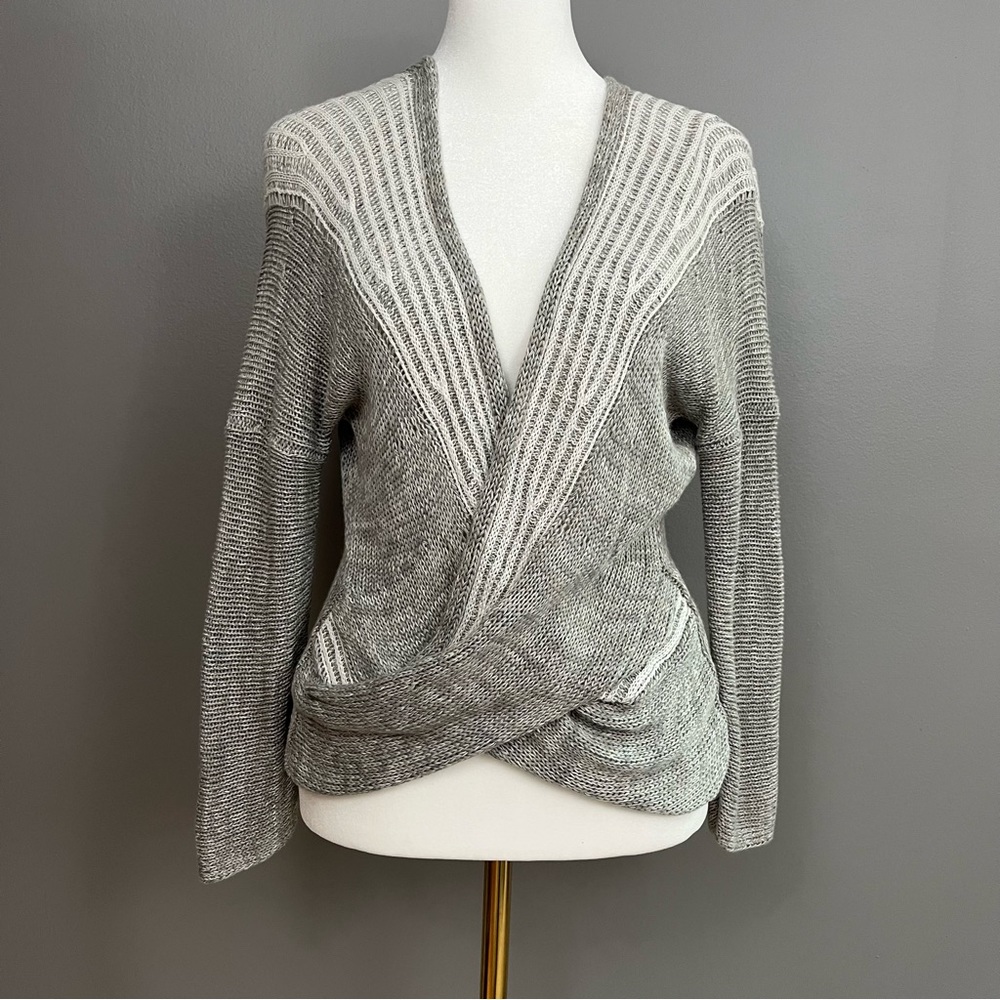 S Soft Surroundings Linen Blend Draped Crossover Sweater Size Small Gray White